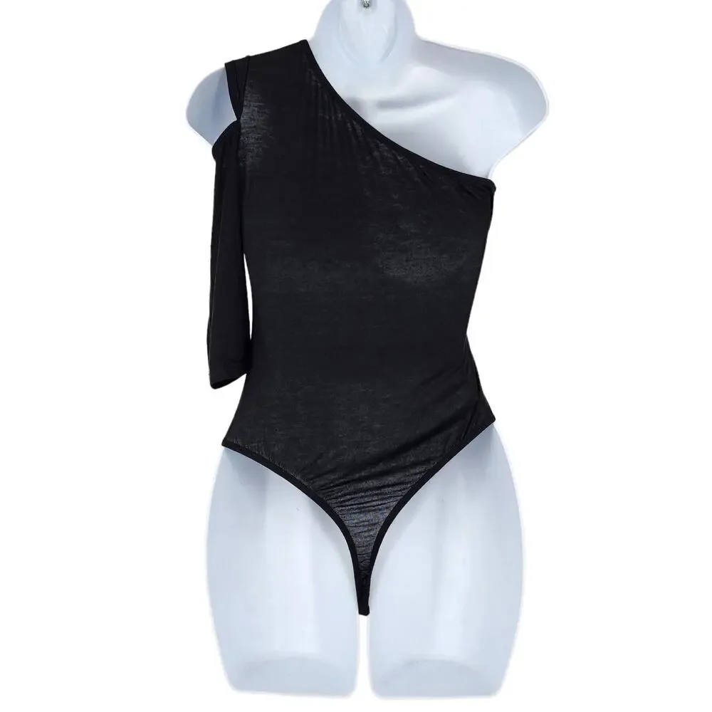 Hauty Black Mesh Detail One Shoulder Cold Shoulder Thong Bodysuit Size XS